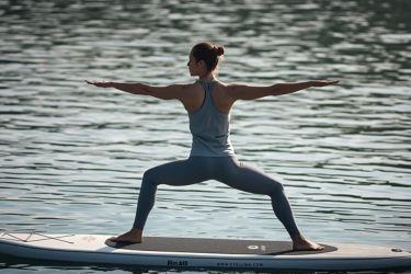 Kvinde laver yoga på SUP i vandet 